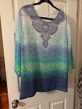 Alfred Dunner Plus Size Printed Scoop Neckline 3/4- Sleeve Top With Beading